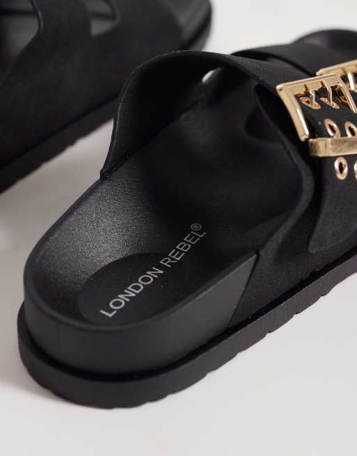 London Rebel - Morgan - Sorte flade sandaler med to spænder, 3 af 4