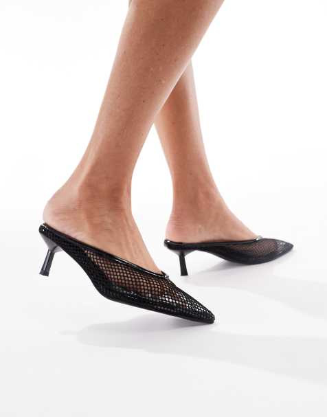 London Rebel mule sandals with kitten heel in black mesh - view 1