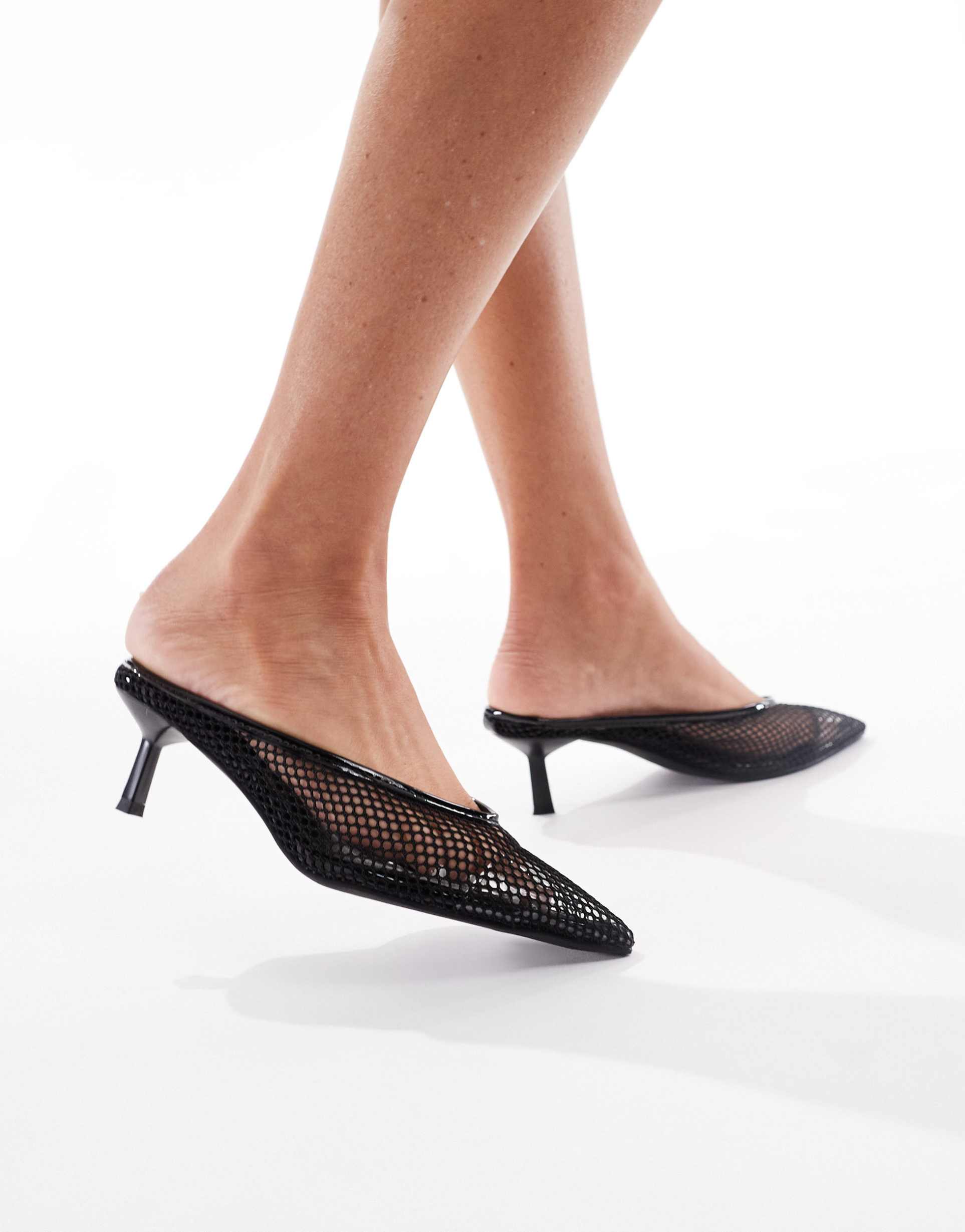 london rebel mule sandals with kitten heel in black mesh