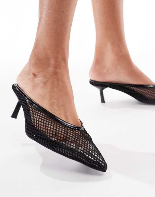 London Rebel mule sandals with kitten heel in black mesh, 2 of 4