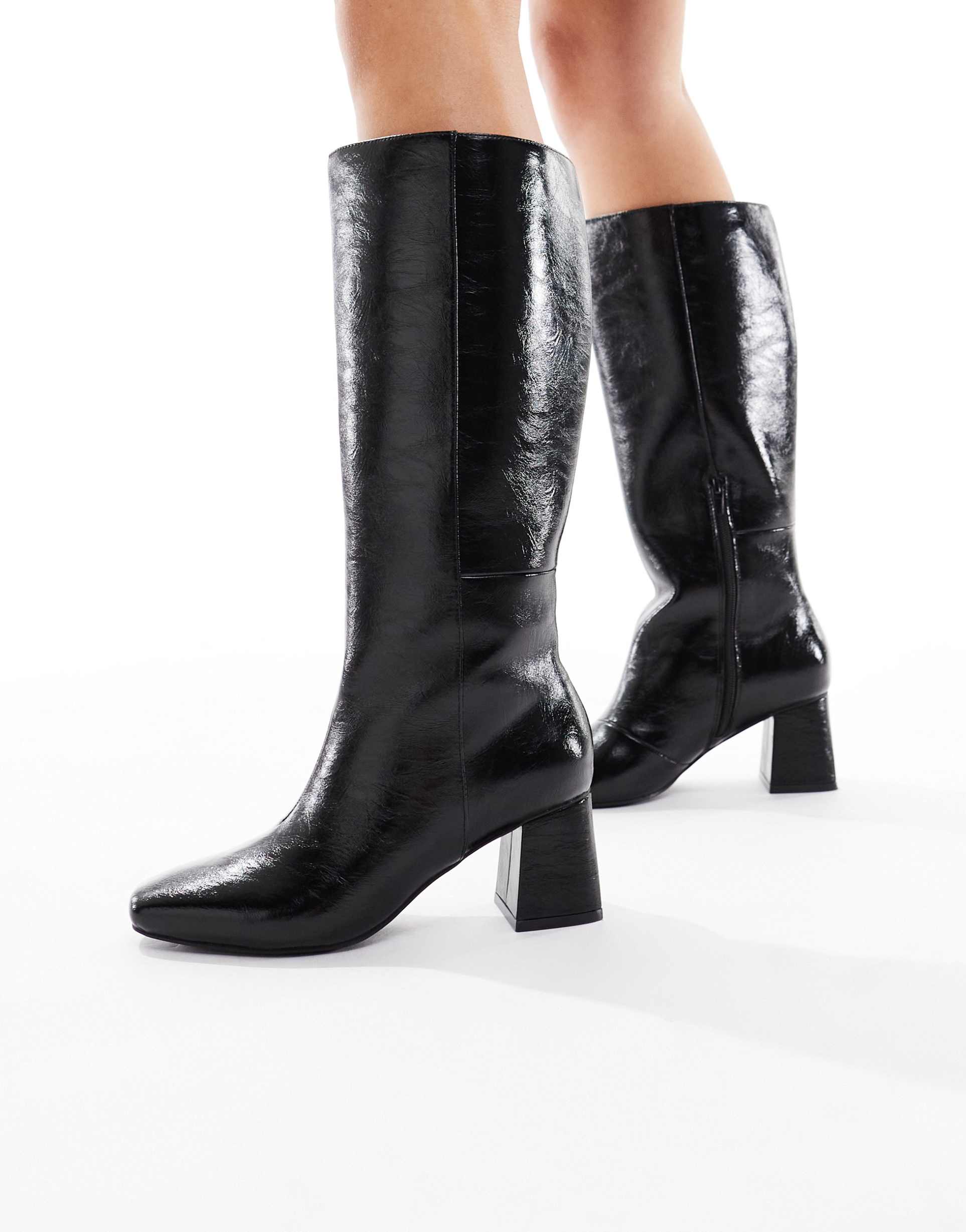 london rebel nova block heeled knee boots in black