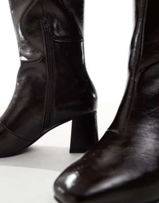 London Rebel Nova Block Heeled Knee Boots In Brown