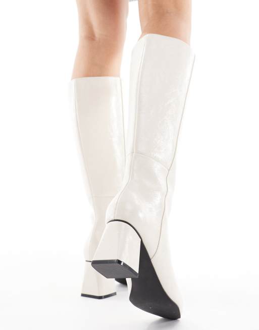 London Rebel Nova block heeled knee boots in cream, 2 of 4
