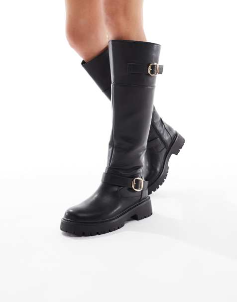 London Rebel Olivia chunky knee boots with buckle detail in black - view 1