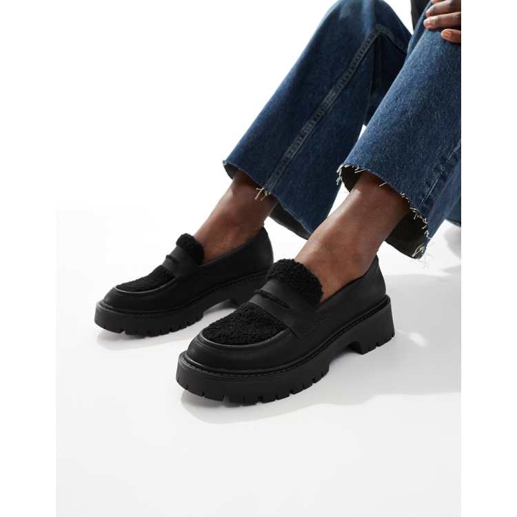 London Rebel Olivia contrast teddy fur chunky loafers in black ASOS