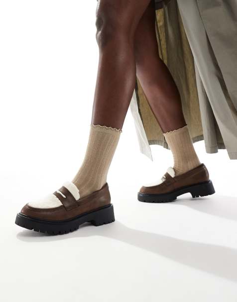 London Rebel Olivia contrast teddy fur chunky loafers in brown - view 1