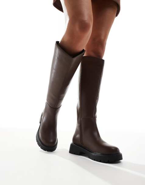 London Rebel – Olivia – Klobige, kniehohe Stiefel in Braun - view 1