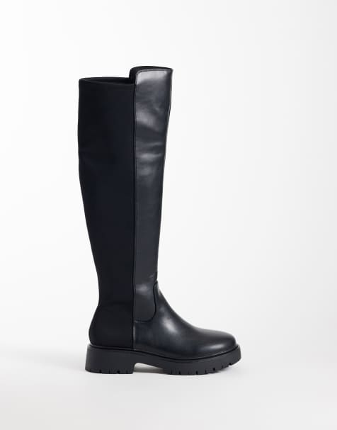 London Rebel Orah stretch chunky knee boots in black - view 1