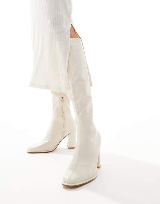 London Rebel Paige knee high sock boot in off white , 3 of 4