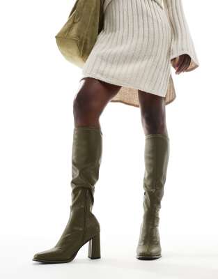 London Rebel Paige knee high sock boot in olive-Green