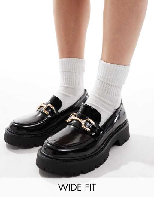 London Rebel - Perdy - Loafers met brede pasvorm, dikke zool en metalen detail in zwart