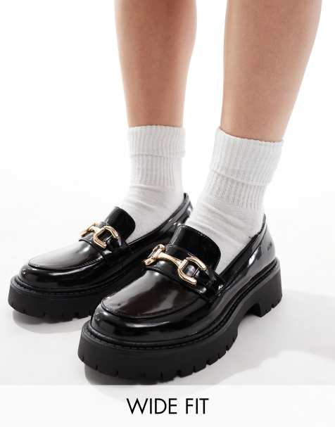 London Rebel Perdy wide fit metal trim chunky loafers in black - view 1