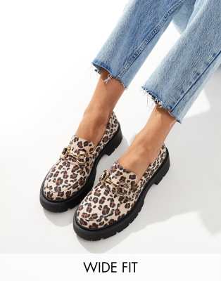 London Rebel Perdy wide fit metal trim chunky loafers in leopard-Multi