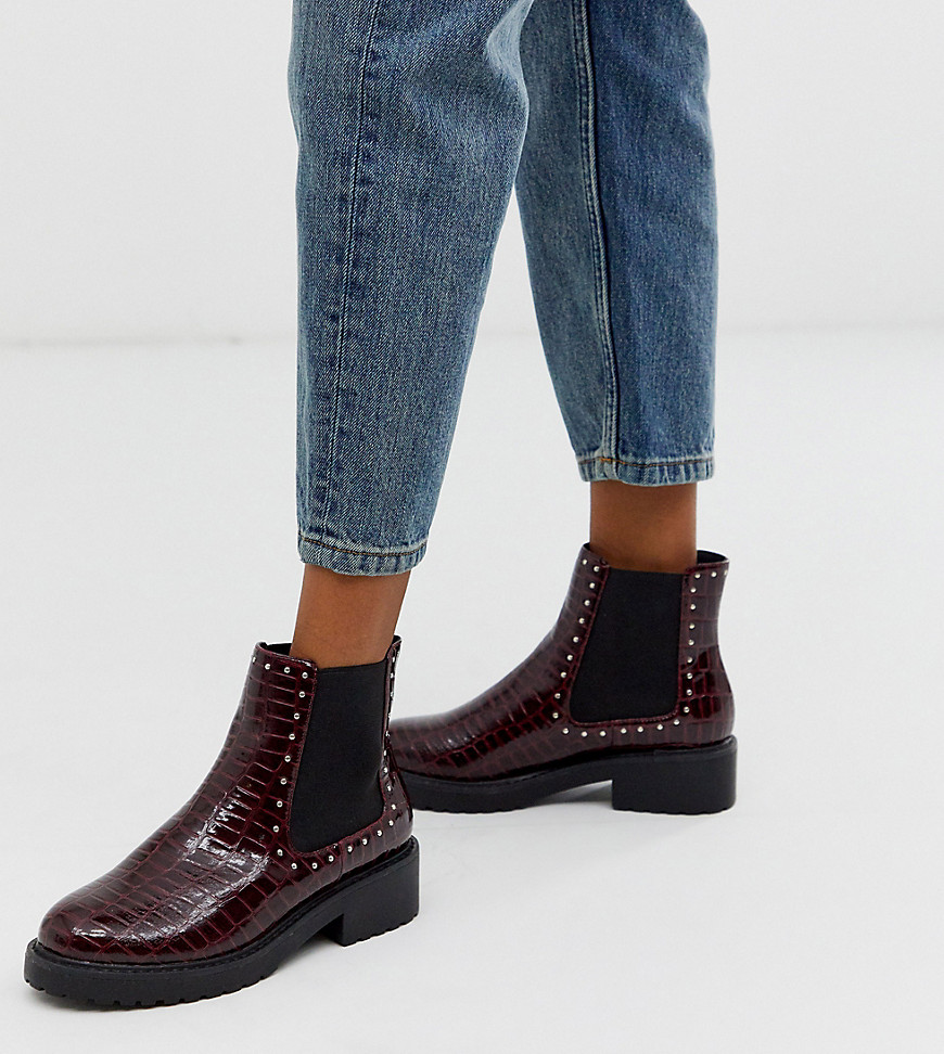 London Rebel - Platte Chelsea boots met brede pasvorm en dikke zool in bordeauxrode slangenprint-Rood