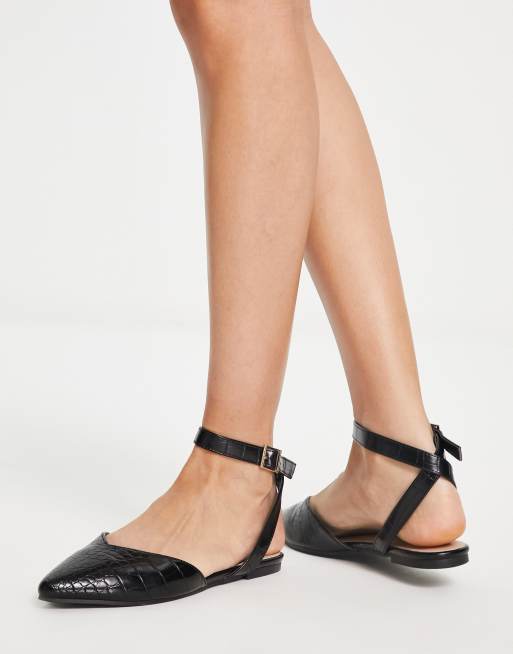 London Rebel pointed ballet flats with ankle strap in black croc