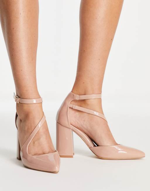 London Rebel pointed block heel shoes in beige ASOS