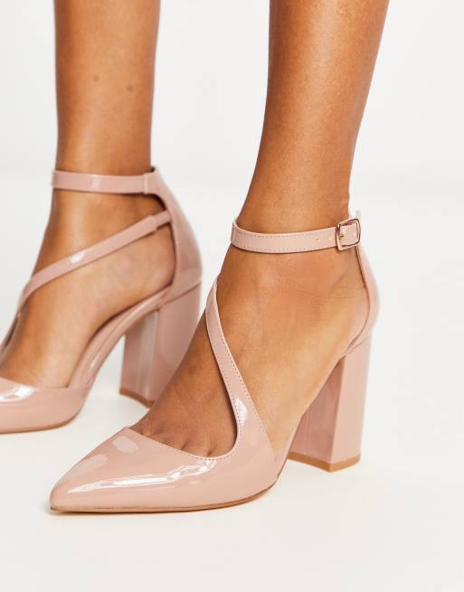 London Rebel pointed block heel shoes in beige ASOS