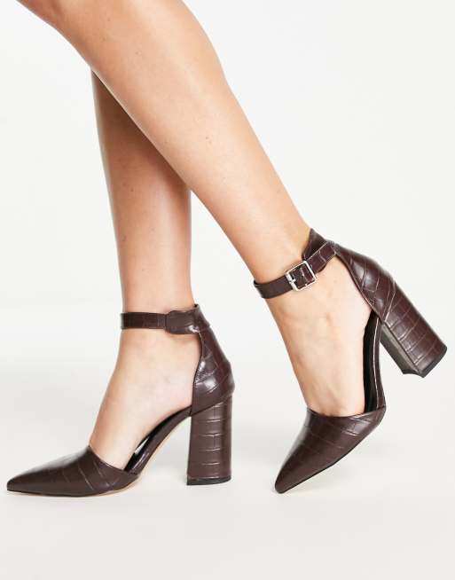 London Rebel pointed block heel shoes in brown croc