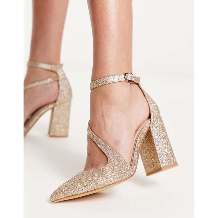 London Rebel pointed block heel shoes in gold ASOS