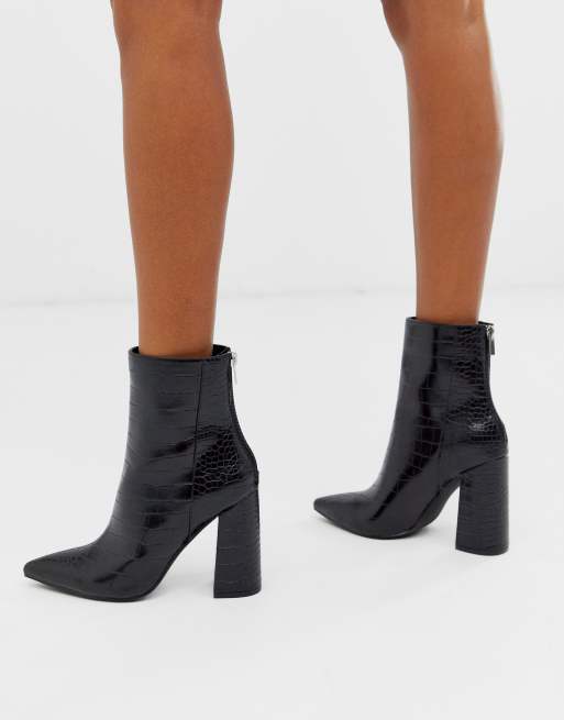 black croc calf height heeled boots