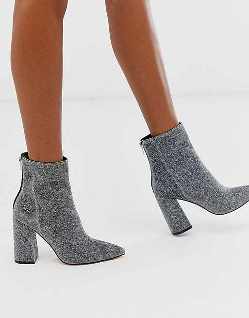 London Rebel pointed block heeled boot in silver | ASOS