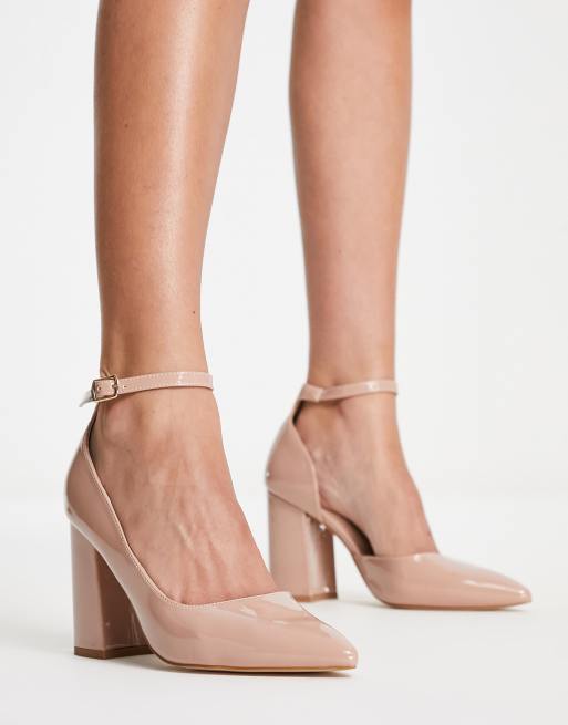 London Rebel pointed block heeled shoes in beige ASOS