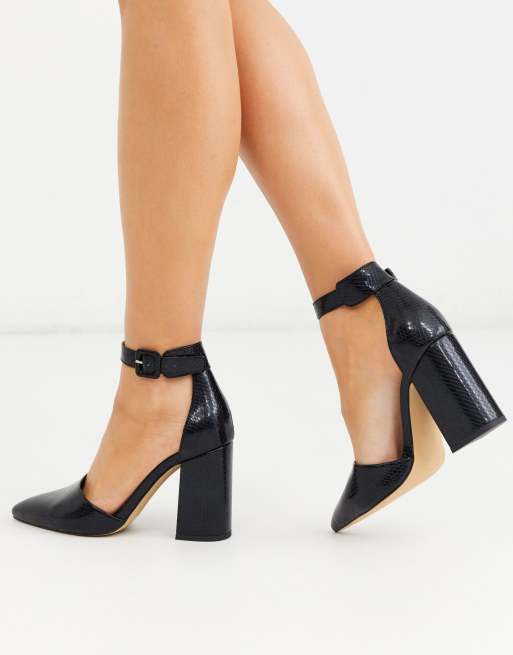 London Rebel pointed block heeled shoes in black snake