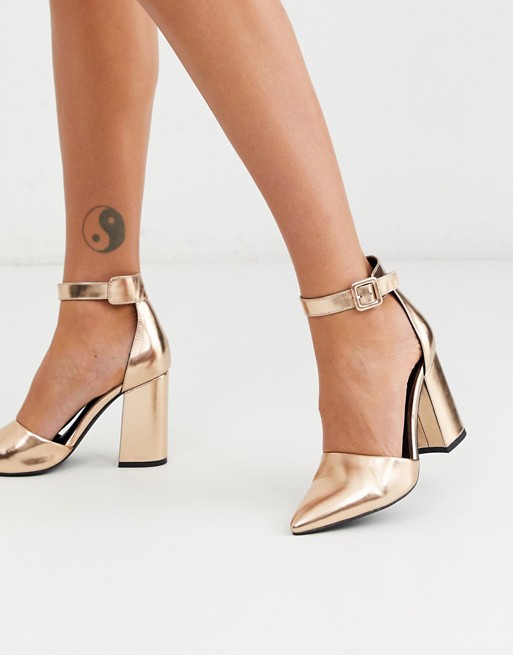 London Rebel pointed block heeled shoes in rose gold