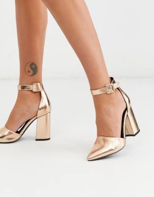 rose gold block heel pumps