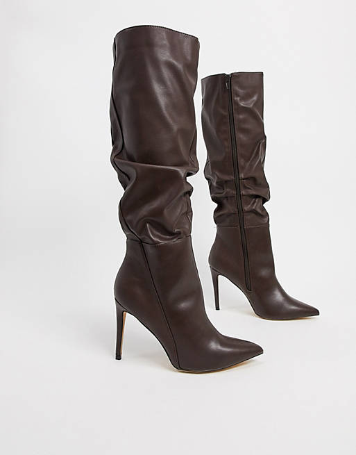 London Rebel pointed knee high boot in chocolate | ASOS