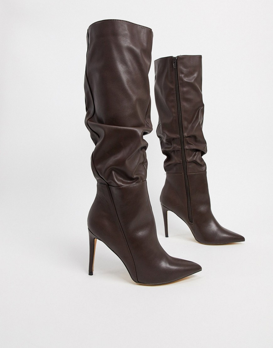 London Rebel Pointed Knee High Boot In Chocolate-white