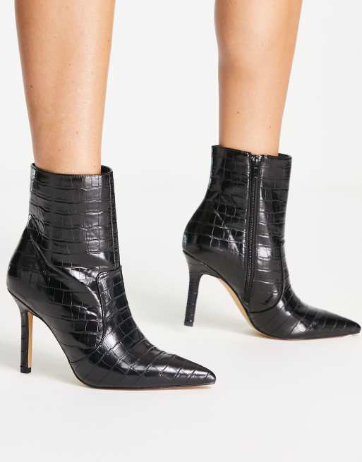 London Rebel pointed stiletto ankle boots in black croc