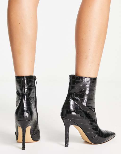 London Rebel pointed stiletto ankle boots in black croc ASOS