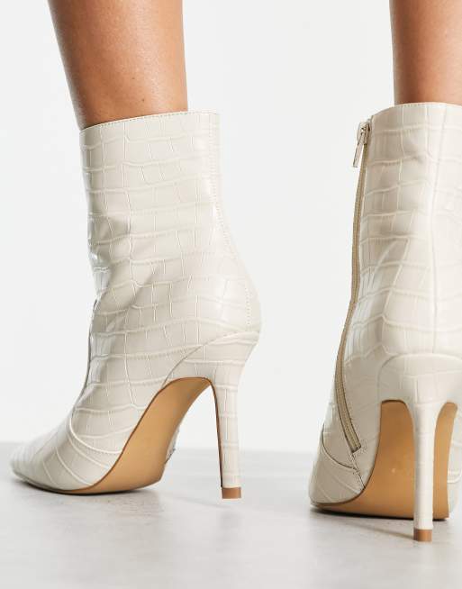 London Rebel pointed stiletto ankle boots in cream croc