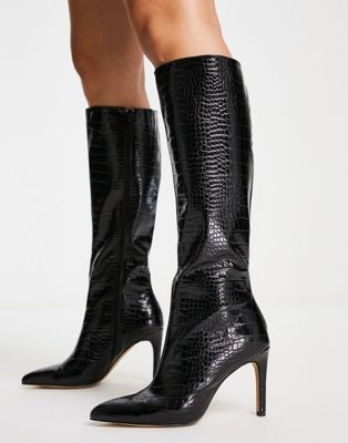 London Rebel pointed stiletto knee boots in black croc