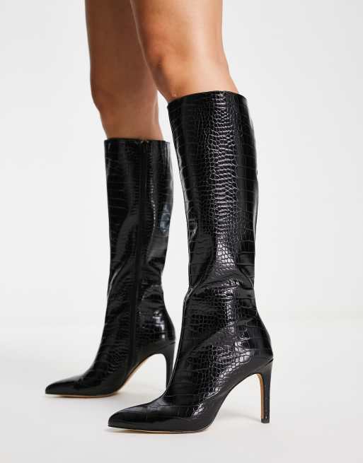 London Rebel pointed stiletto knee boots in black croc, 2 of 4