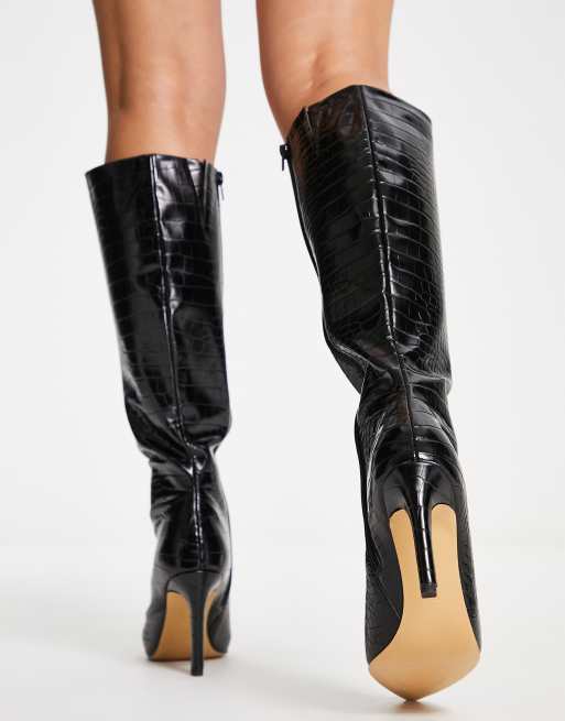 London Rebel pointed stiletto knee boots in black croc