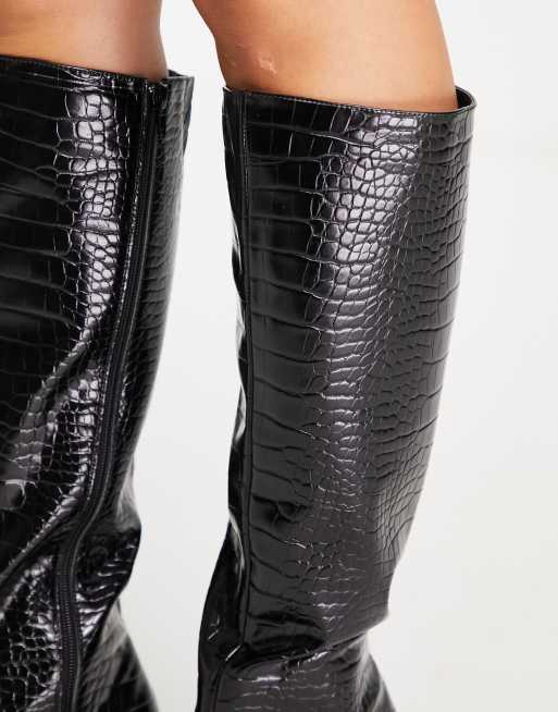 London Rebel pointed stiletto knee boots in black croc