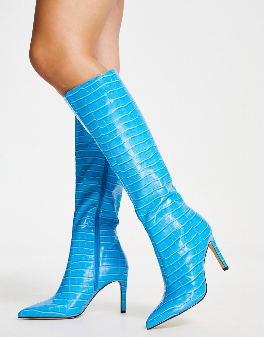 London Rebel pointed stiletto knee boots in blue croc