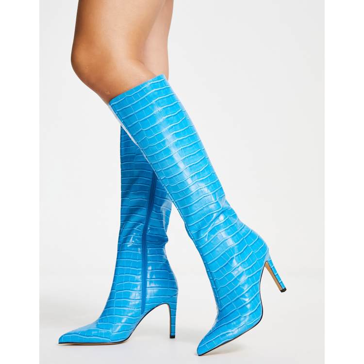 London Rebel pointed stiletto knee boots in blue croc | ASOS