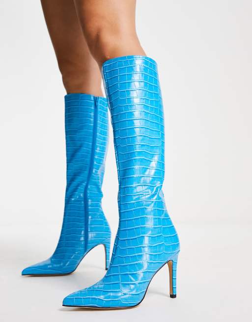 London Rebel pointed stiletto knee boots in blue croc