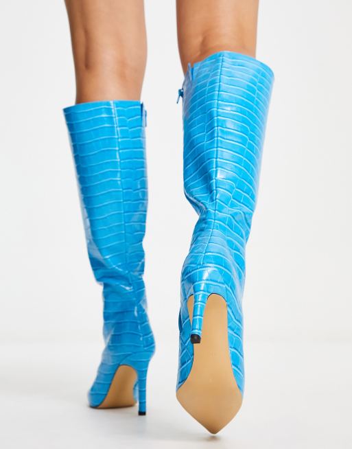 London Rebel pointed stiletto knee boots in blue croc | ASOS