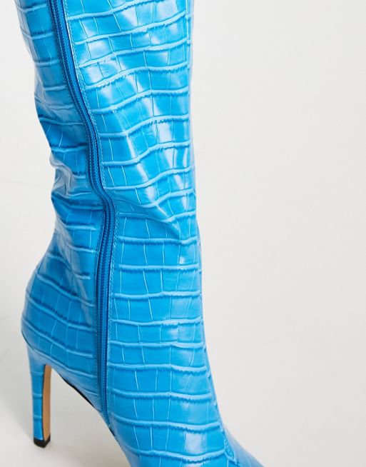 London Rebel pointed stiletto knee boots in blue croc | ASOS