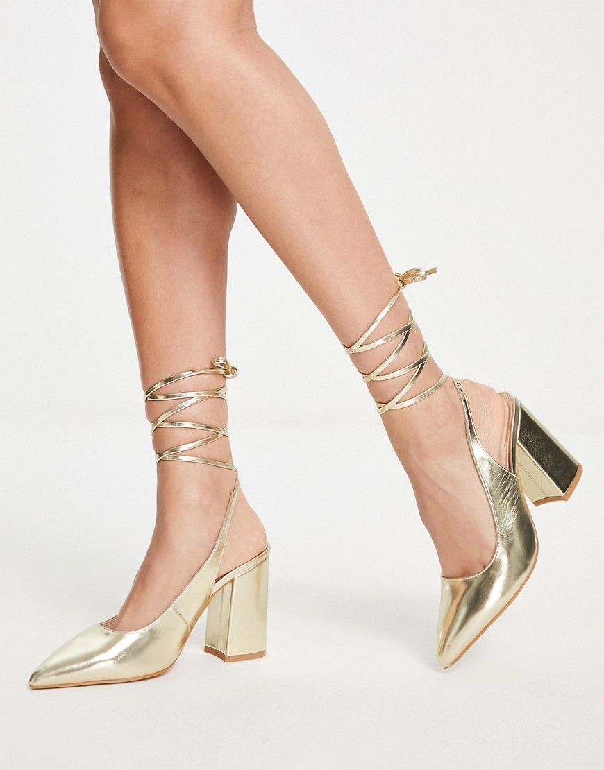 London Rebel pointed tie leg stiletto heeled shoes in gold