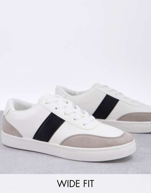 London Rebel - Pointure large - Baskets à lacets avec rayures sur les côtés - Blanc et noir 