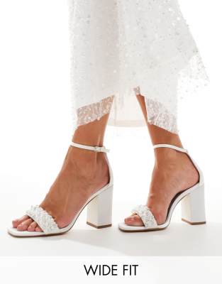 London Rebel Polly wide fit embellished block heel in ivory-White