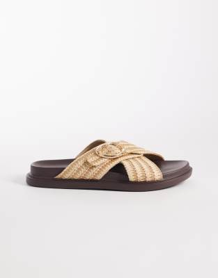 Raya - Flache Sandalen aus cremeweißem Bast mit Schnallendetail-Brown Brown 36