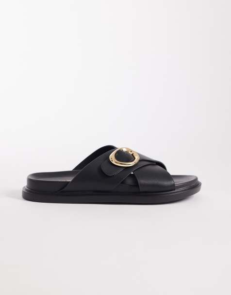 London Rebel – Raya – Svarta, platta sandaler med spänne - view 1