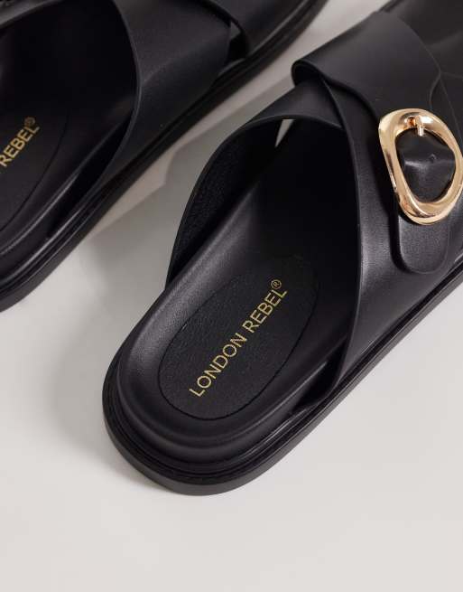 London Rebel – Raya – Svarta, platta sandaler med spänne, 3 av 4