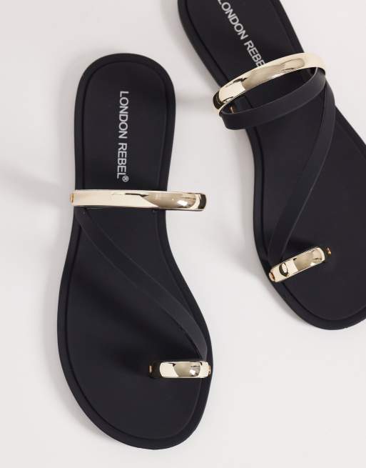 London Rebel Reese flat sandals with gold emblished straps in black, 2 of 4